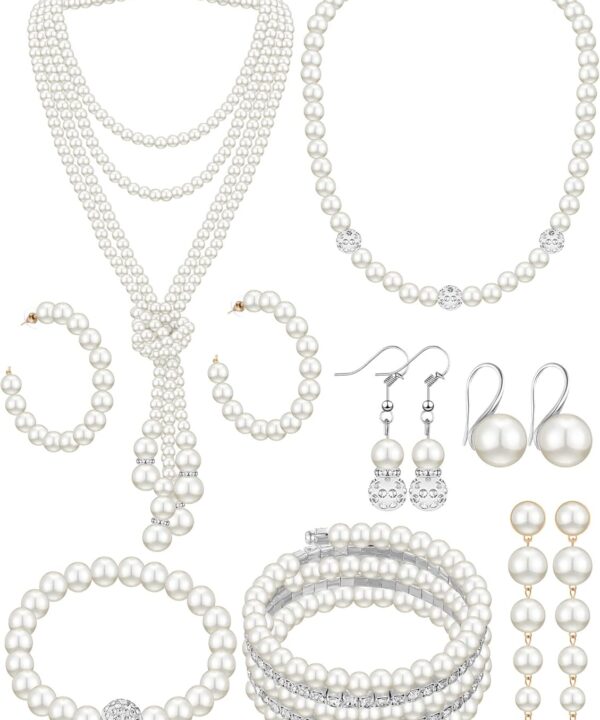 BBTO 8 Pcs Pearl Necklace and Earrings Set for Women Pearl Bracelets Costume Jewelry Set for Wedding Bridal Christmas Party