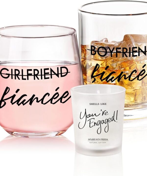 Engagement Gifts for Couples, 10 oz Whiskey and 12 oz Wine Glass Set, Newly Engaged Fiancee & Fiance Gifts for Women, Fade-Resistant, Beautiful Packaging, Proposal Decorations & She Said Yes Present