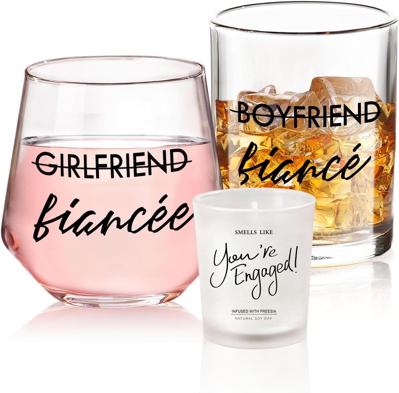 Engagement Gifts for Couples, 10 oz Whiskey and 12 oz Wine Glass Set, Newly Engaged Fiancee & Fiance Gifts for Women, Fade-Resistant, Beautiful Packaging, Proposal Decorations & She Said Yes Present