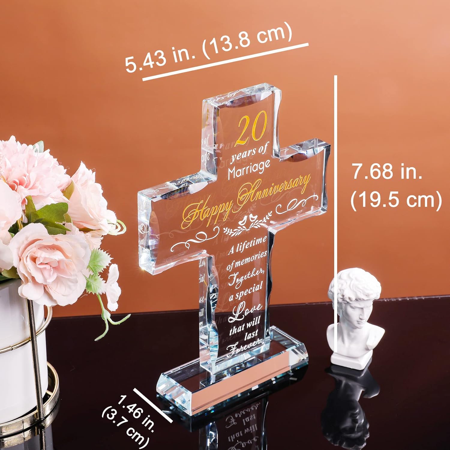 YWHL 20th Anniversary Religious Gifts for Couple, Laser Engraved Glass Standing Cross Keepsake for Him, 20 Years Wedding Anniversary Cross Gifts for Her