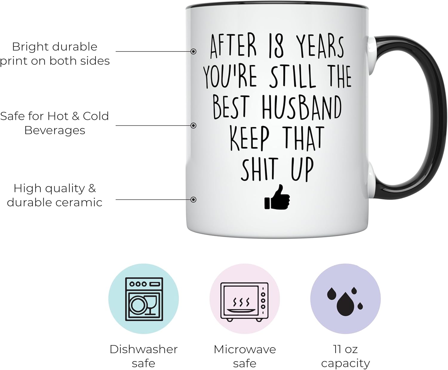 YouNique Designs 18 Year Anniversary Coffee Mug for Him, 11 Ounces, 18th Wedding Anniversary Cup For Husband, Eighteen Years, Eighteenth Year, 18th Year (Black Handle)