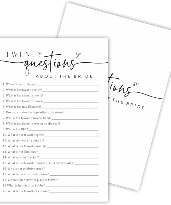 Minimalism Bridal Shower Game Cards, Twenty Questions About The Bride, Double-Sided Wedding Party Game Cards For 30 Guests, Engagement Party Activities, Newlyweds Party Decoration & Supplies - A05