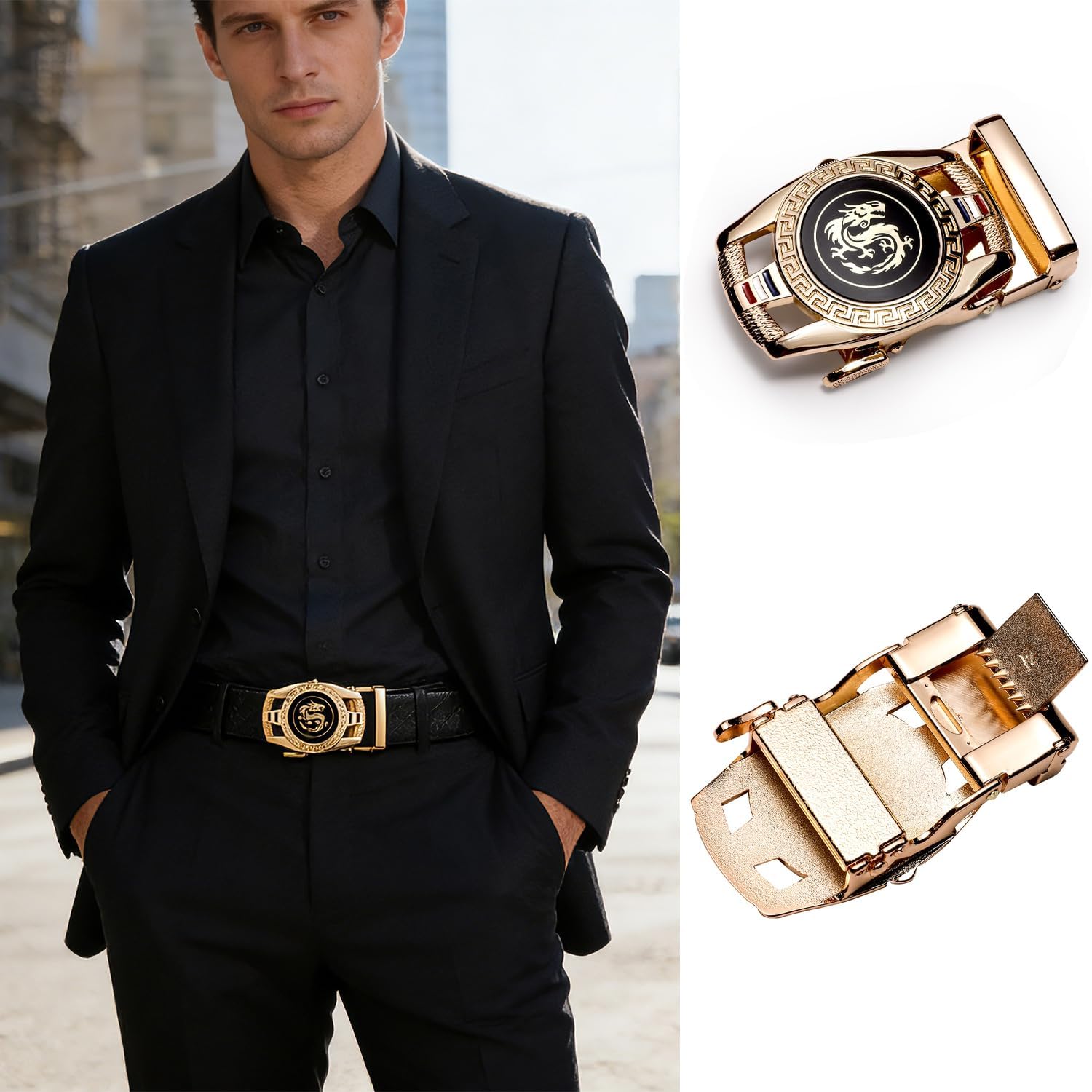 Barry.Wang Mens Ratchet Leather Belt 1 3/8 Adjustable Buckle Slide Click Casual Dress Golf Jeans Business Classic