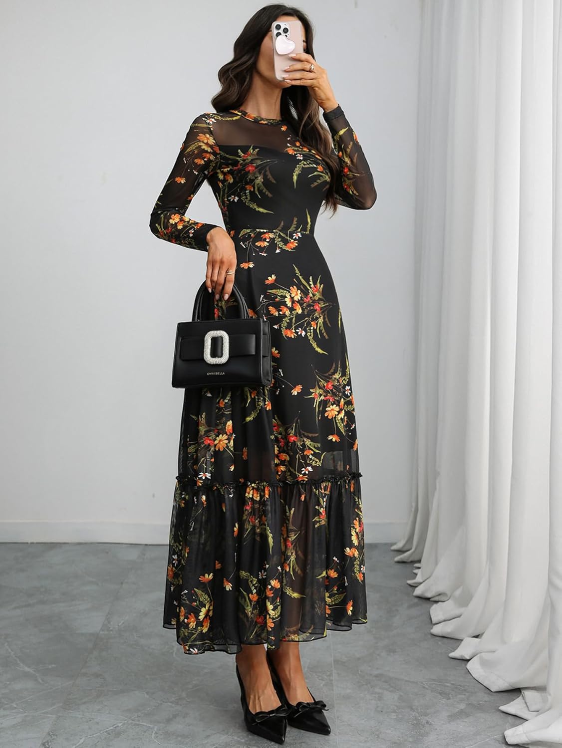 GothDark Womens Floral Mesh Dress Long Sleeve Round Neck A Line Gothic Vintage Casual Wedding Guest Maxi Dresses