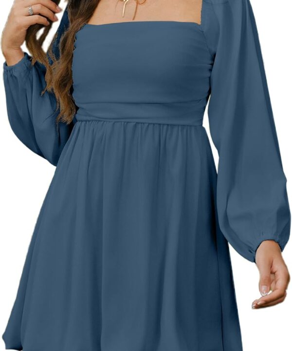 HYPERFIRE Women's Square Neck Long Sleeve Bubble Mini Dress Pleated Smocked A Line Wedding Dresses