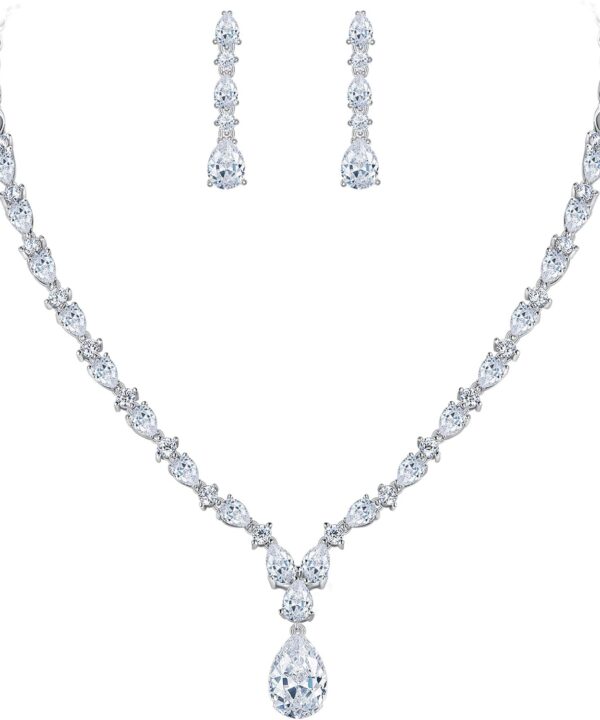 EVER FAITH Gorgeous Cubic Zirconia Charming Water Drop Bridal Bride Necklace Earrings Set Silver-Tone