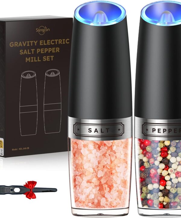 Sangcon Gravity Electric Salt and Pepper Grinder Set Automatic Shakers Mill Grinder with LED Light, BATTERY POWERED Adjustable Coarseness One Hand Operation, Upgraded Larger Capacity