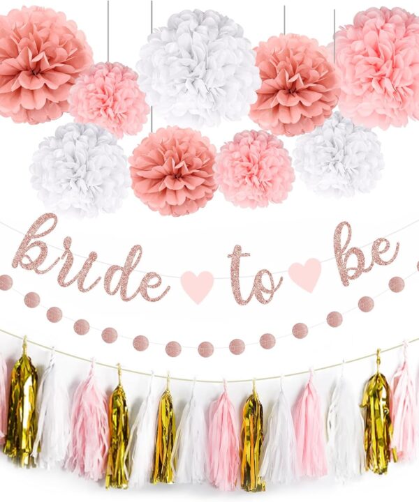 NISOCY Bachelorette Party Decoration, Pink Bridal Shower Decoration Bride to Be Sign Banner with Fringe Party Curtains and Honeycomb Balls for Fall Wedding Bridal Shower Party Decorations