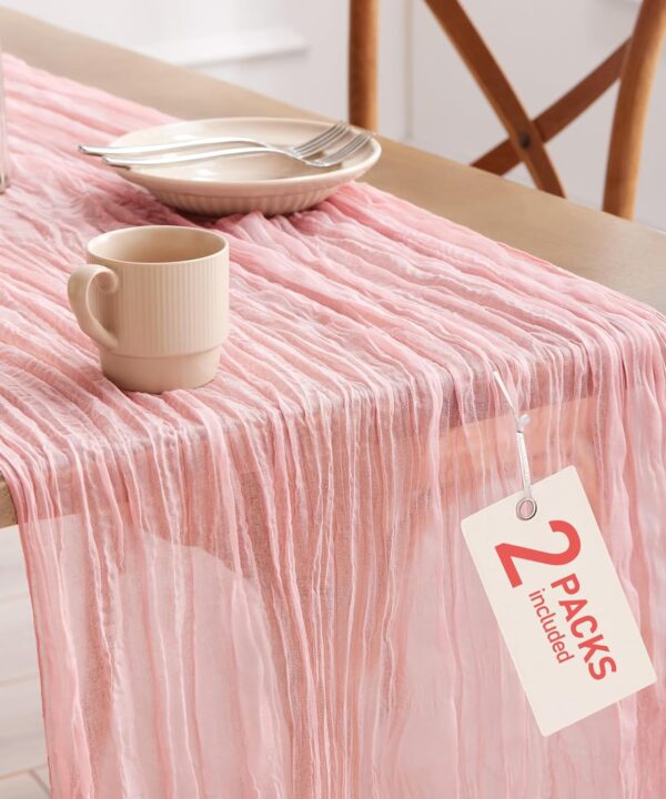 Pureegg 2-Pack Cheese Cloths Table Runner, 120'' Boho Table Cloth Decorations for Party, Baby Shower, Wedding and Farmhouse, Fabric Room Decor, Dusty Pink