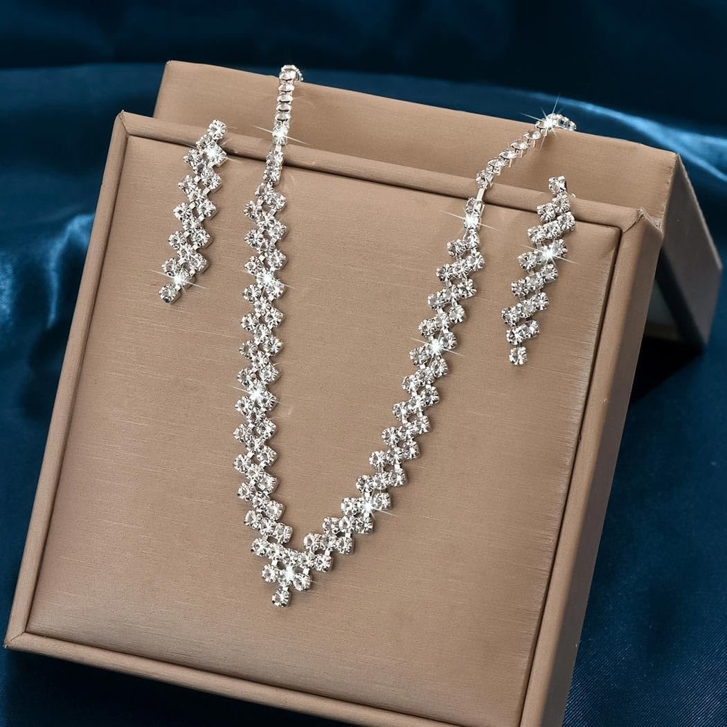 Aukmla Bridal Jewelry Set Rhinestones Bride Wedding Necklace Earring Sets Prom Costume Necklaces for Women