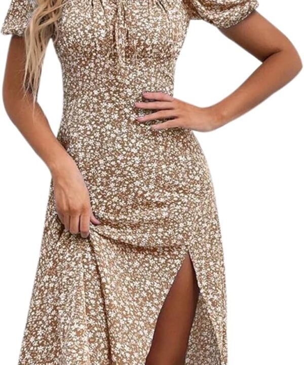 SPRIME Women's Floral Summer Casual Dress Square Neck Puff Sleeve Boho Midi Dresses Ruched Bust High Waist Split Long Dress