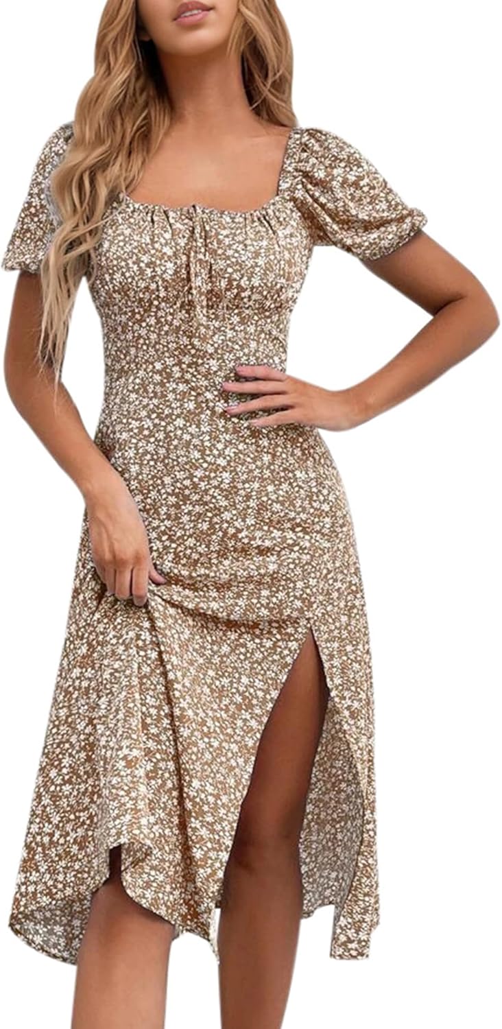 SPRIME Women's Floral Summer Casual Dress Square Neck Puff Sleeve Boho Midi Dresses Ruched Bust High Waist Split Long Dress