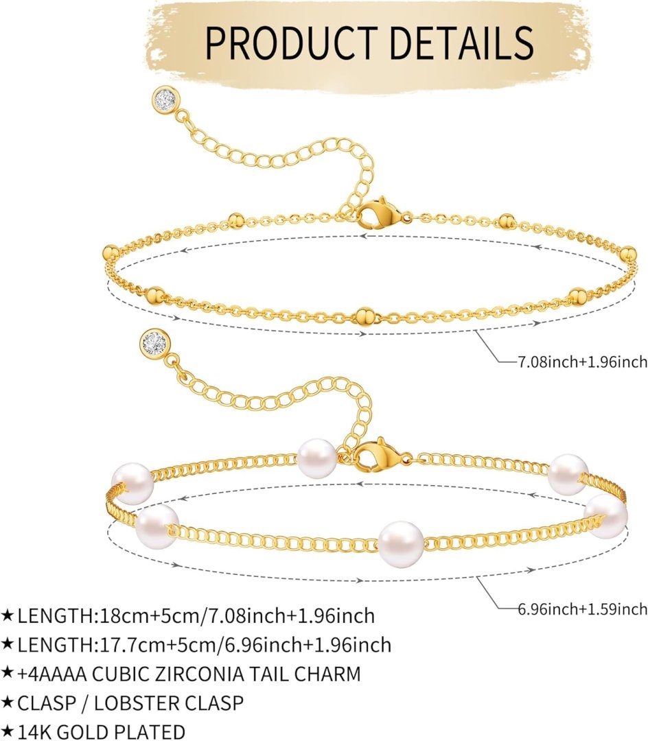 NECOCY 14K Gold Plated Pearl Bracelets for Women, Dainty Bracelets Stack Trendy Pearls Beaded Link Chain Charm Bracelets Set Layered Non Tarnish Tiny Cute Jewelry for Women