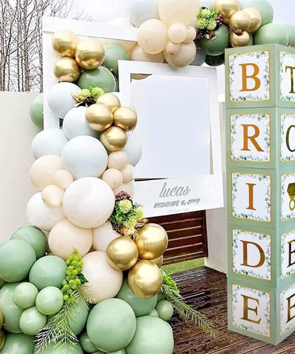 101 PC Greenery Bridal Shower Decorations Balloon Boxes Gold- Blocks with BRIDE TO BE + GROOM + A - Z Letters and 40 Balloons- Engagement Bachelorette Parties Weddings Centerpieces Photo Booth Props