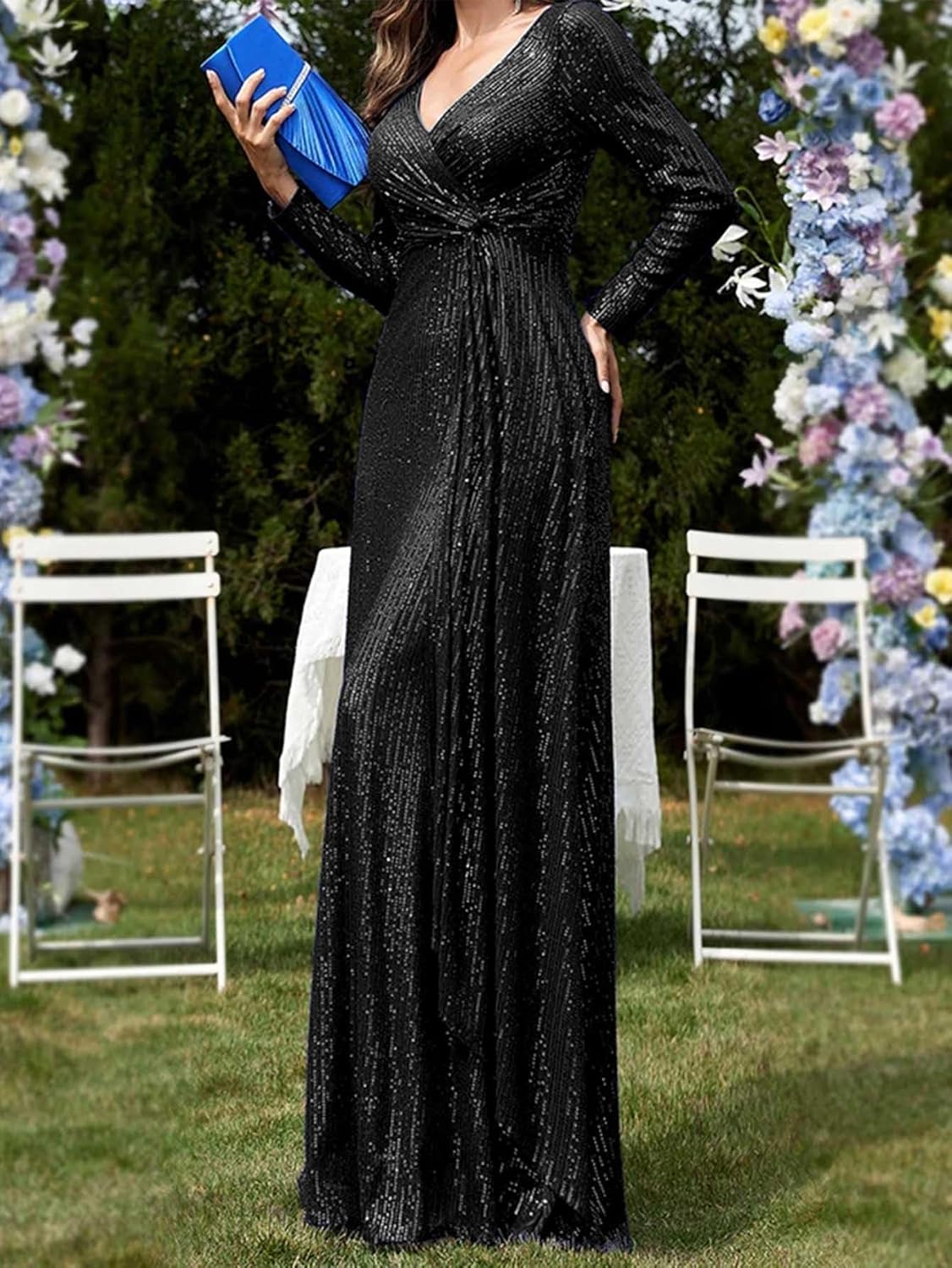 meilun Long Sleeve Sequin Dress for Women Formal Gowns Sparkly V Neck Maxi Dress