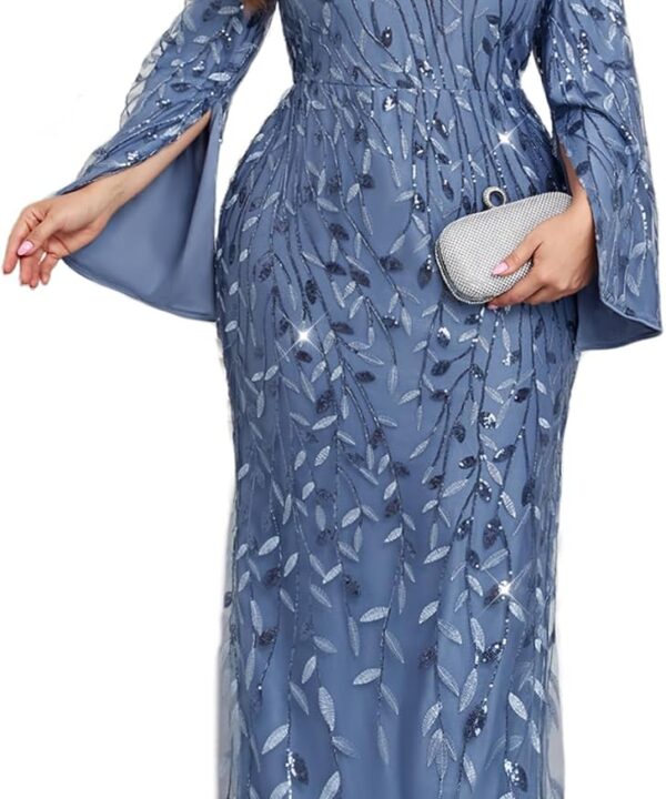 Plus Size Formal Dresses Long Flared Sleeve V-Neck Evening Gowns Wedding Guest Sequin Embroidery Prom Maxi Dress