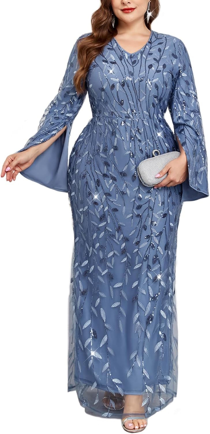Plus Size Formal Dresses Long Flared Sleeve V-Neck Evening Gowns Wedding Guest Sequin Embroidery Prom Maxi Dress