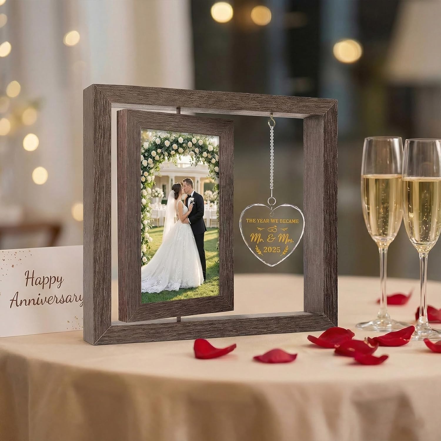 1 Year Anniversary Photo Frame Gifts, 2025 Mr and Mrs Personalized Wedding Picture Frame, Newlywed Gift for Couples, 5×7 Pictures Frame, Display 2 Photos