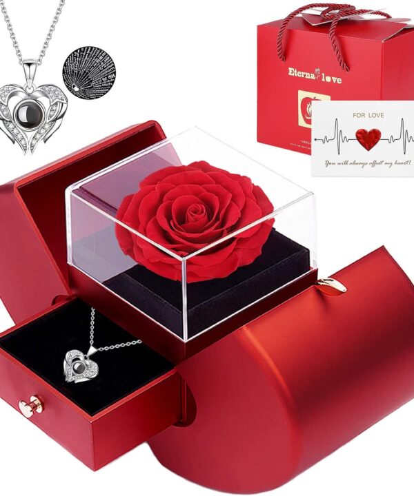 Preserved Real Rose with I love you Necklace 100 Languages, Gifts for Girlfriend, Women, Mom, Wife, Gifts Idea on Christmas, Valentine's Day, Mother's Day, Birthday, Anniversary, Thanksgiving