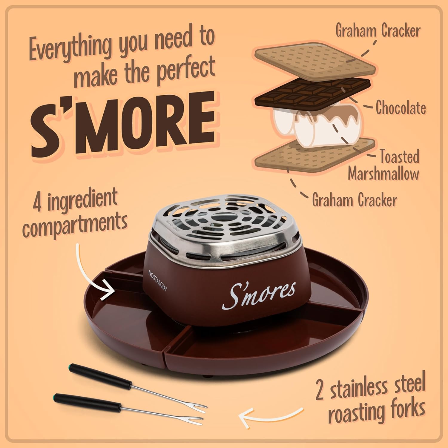 Nostalgia Tabletop Indoor Electric Smores Maker – Smores Kit With Marshmallow Roasting Sticks and 4 Trays for Graham Crackers, Chocolate, and Marshmallows – Movie Night Supplies – Brown