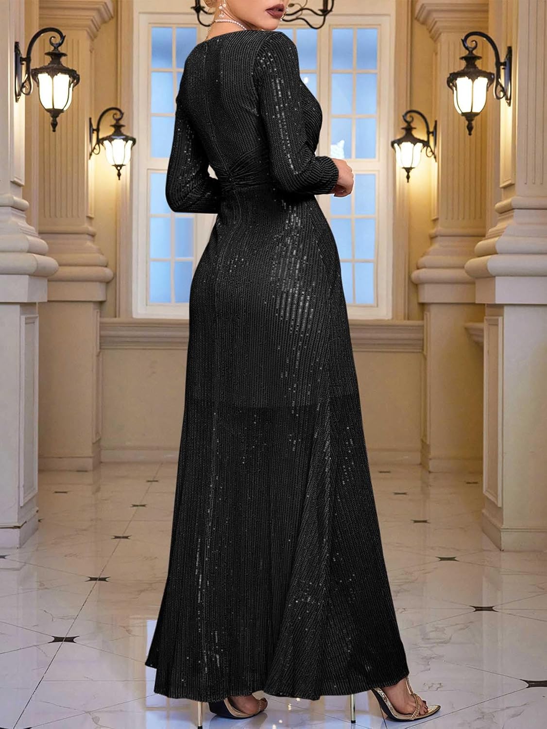 meilun Long Sleeve Sequin Dress for Women Formal Gowns Sparkly V Neck Maxi Dress