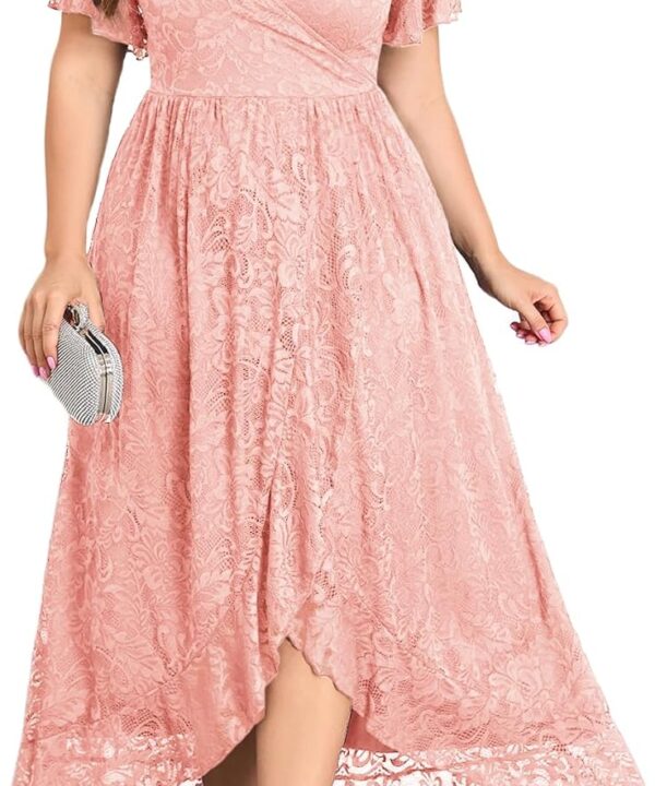 ZOMVA Plus Size Floral Lace Dress Wrap V Neck High Low Ruffle Sleeve Evening Gown Formal Dresses Wedding Guests Cocktail