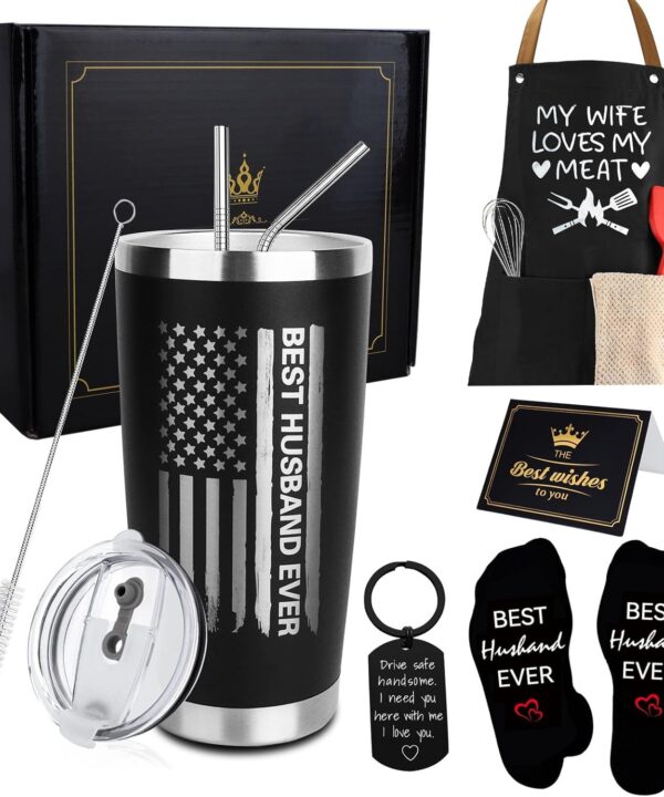 CAKKA Gifts for Husband, 8PCS Husband Birthday Gift Set Includes Tumbler Straw Apron Socks Key Chain, Best Ever Husband Christmas Gifts from Wife for Valentines Day Anniversary Birthday Christmas