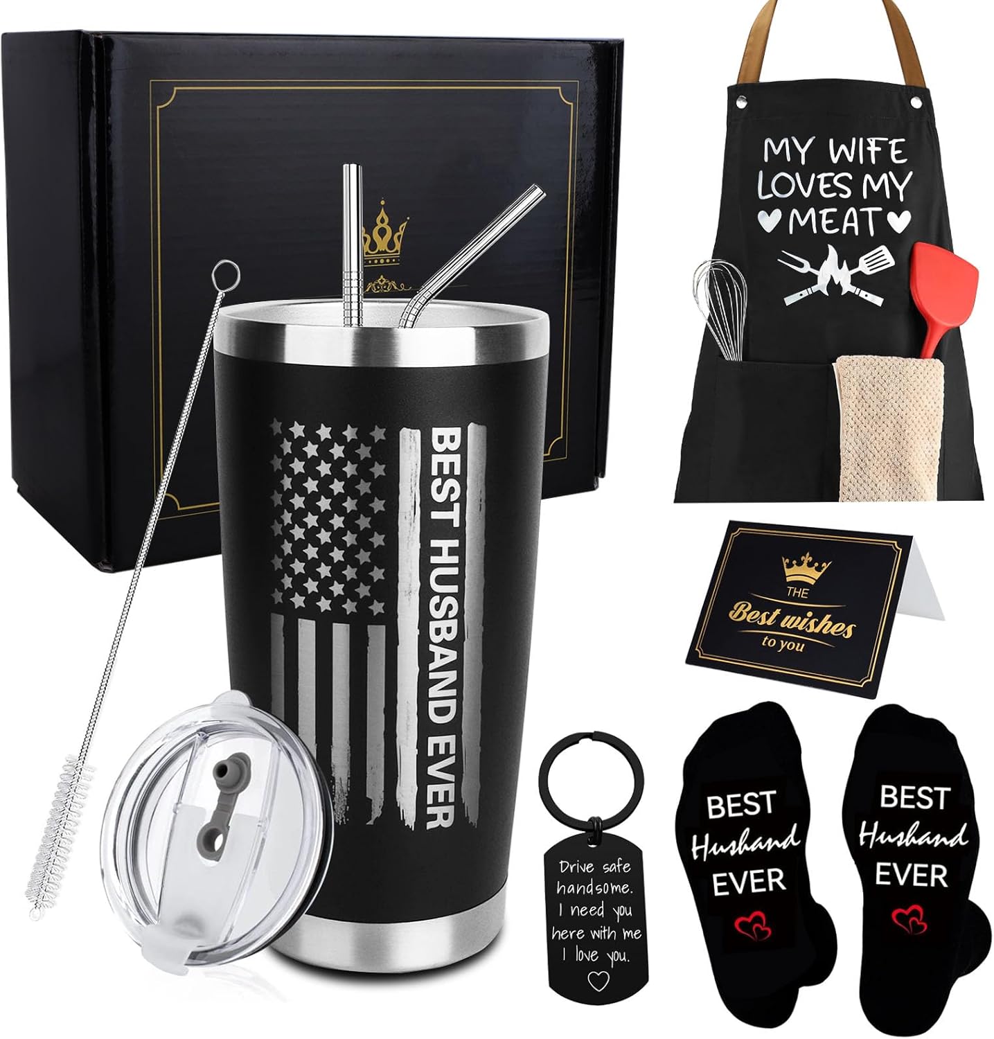CAKKA Gifts for Husband, 8PCS Husband Birthday Gift Set Includes Tumbler Straw Apron Socks Key Chain, Best Ever Husband Christmas Gifts from Wife for Valentines Day Anniversary Birthday Christmas
