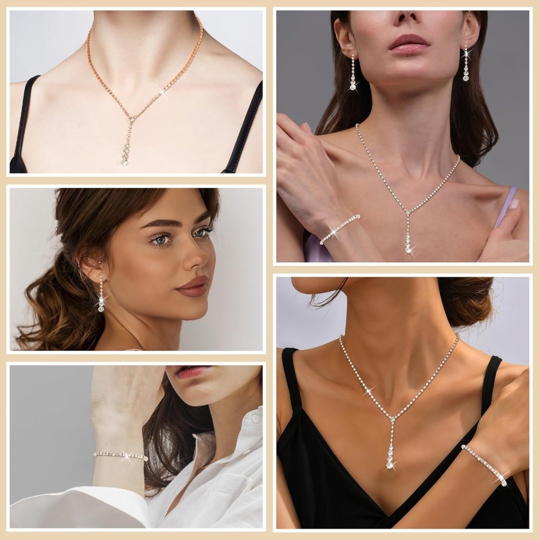 Gold Wedding Jewelry Sets for Women Gold Rhinestone Necklace Earrings Bracelet Bridesmaid Bridal Necklace for Wedding Costume Accessories for Women