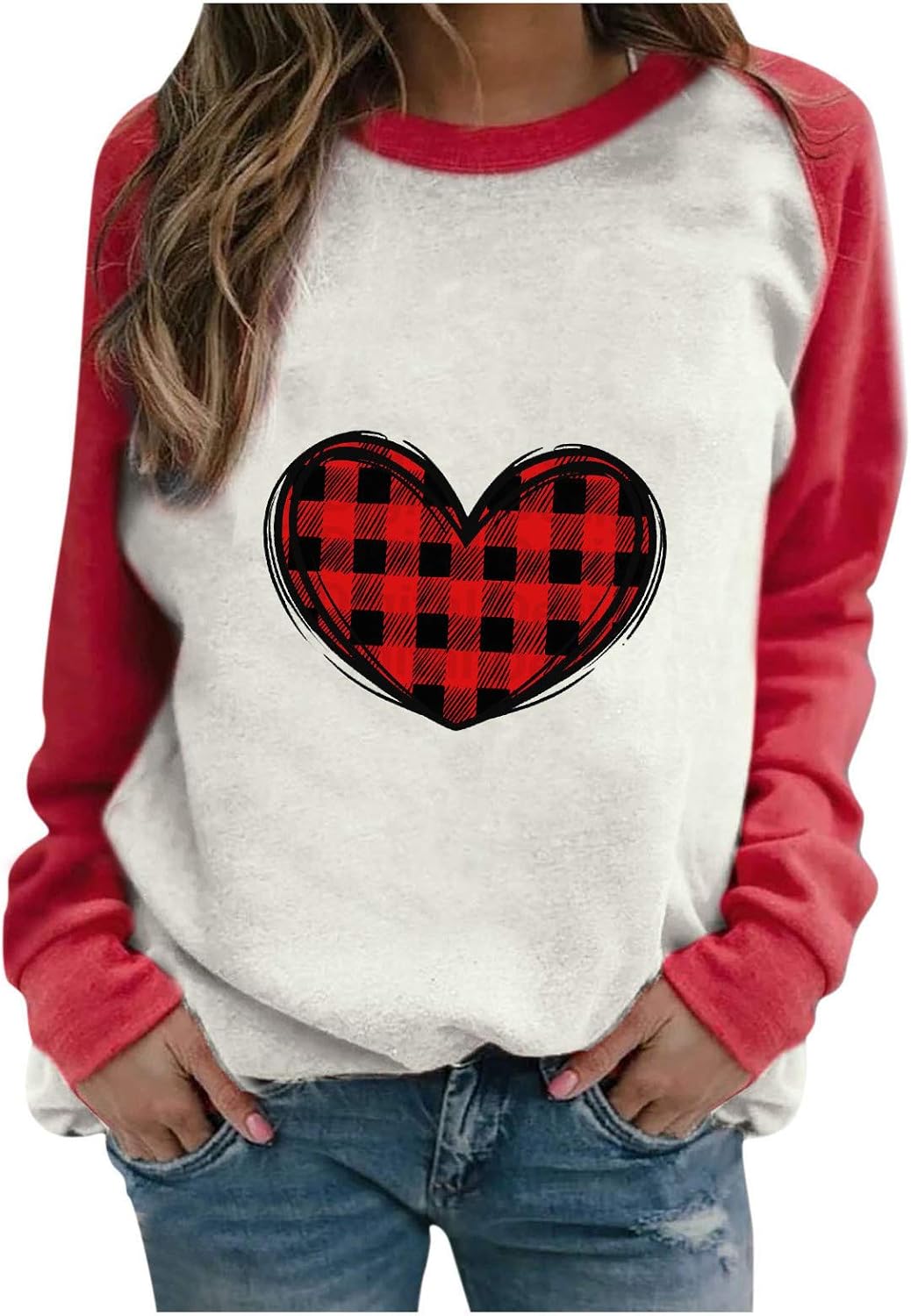 Womens Valentine s Day Heart Printed Long Sleeve Sweatshirt Tops Blouse T Shirt
