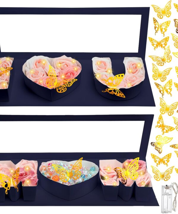 Vertintong 2 Sets Empty Flower Gift Box for Mom Mother's Day I Love U Cardboard Letter Shaped Fillable Packaging Box with 24 Pcs Gold Butterfly Decoration for Flowers Mother's Day Birthday