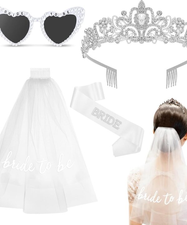 4Pcs Gifts for Bride To Be - Bride Sunglasses Sash&Veil Crown, Bridal Shower Gifts Bachelorette Party Decorations