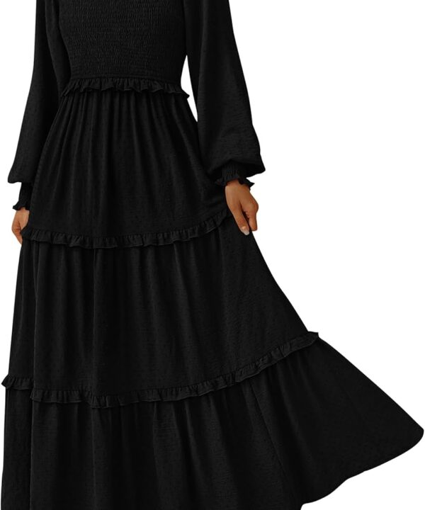 PRETTYGARDEN Fall Dresses for Women 2026 Long Sleeve Smocked Square Neck Swiss Dot Tiered Flowy Wedding Guest Maxi Dress