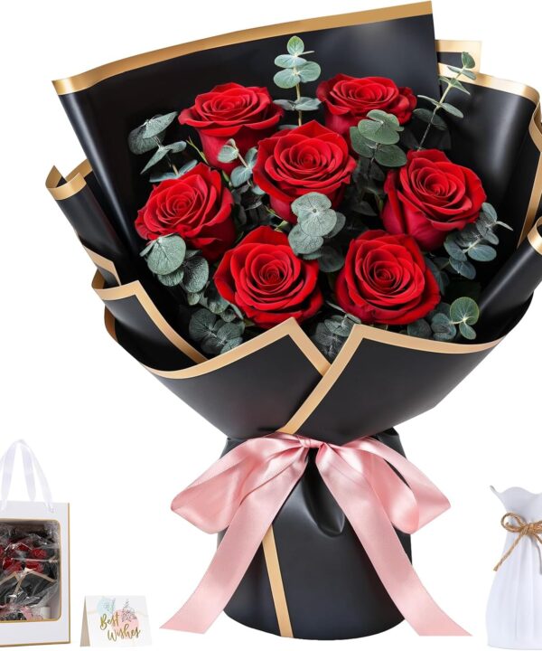 Lewondr Flower for Delivery, Preserved Flowers Bouquet, Red Roses Bouquet, Real Long-Lasting Forever Birthday Flowers Gifts for Her Wife Girlfriend Valentines Day Anniversary Mothers Day, Black-Red