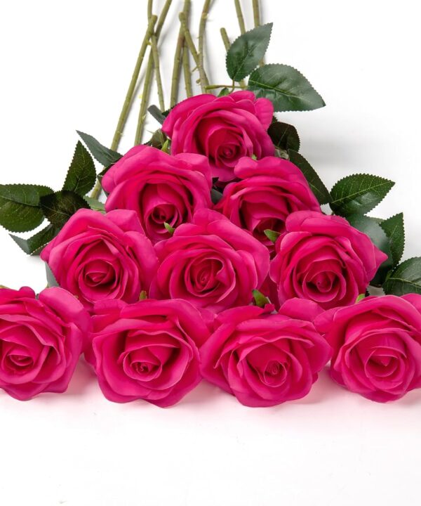 DuHouse 10pcs Silk Roses Artificial Flowers Fake Rose for Arrangement Wedding Party Home Decoration(Fuchsia)