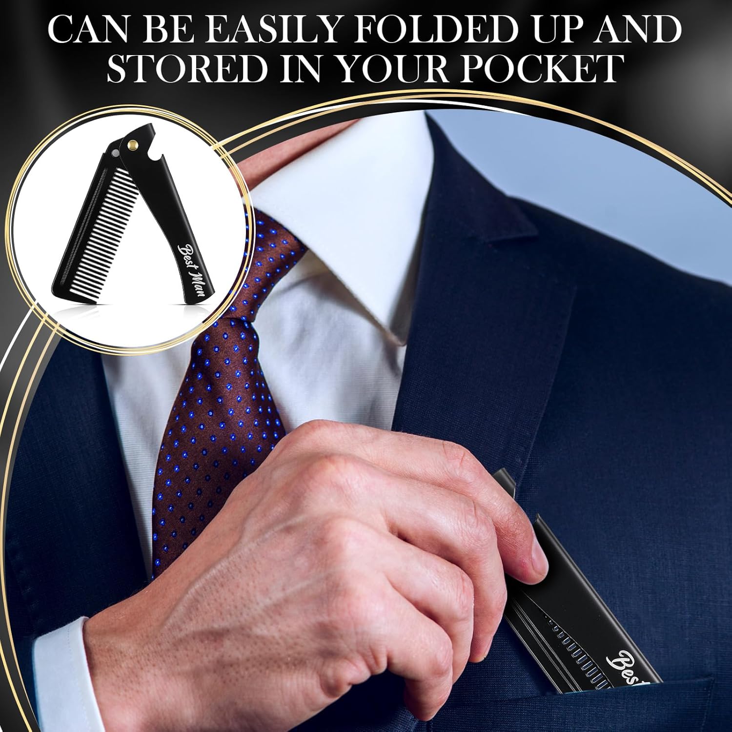 6 Pcs Groomsmen Gifts Folding Beard Comb for Men with Opener Groomsmen Gift Set of 6 Best Man Proposal Gift Combs Hair Mustache for Wedding Party Favor Grooming Detangling(Stainless Steel,Black)