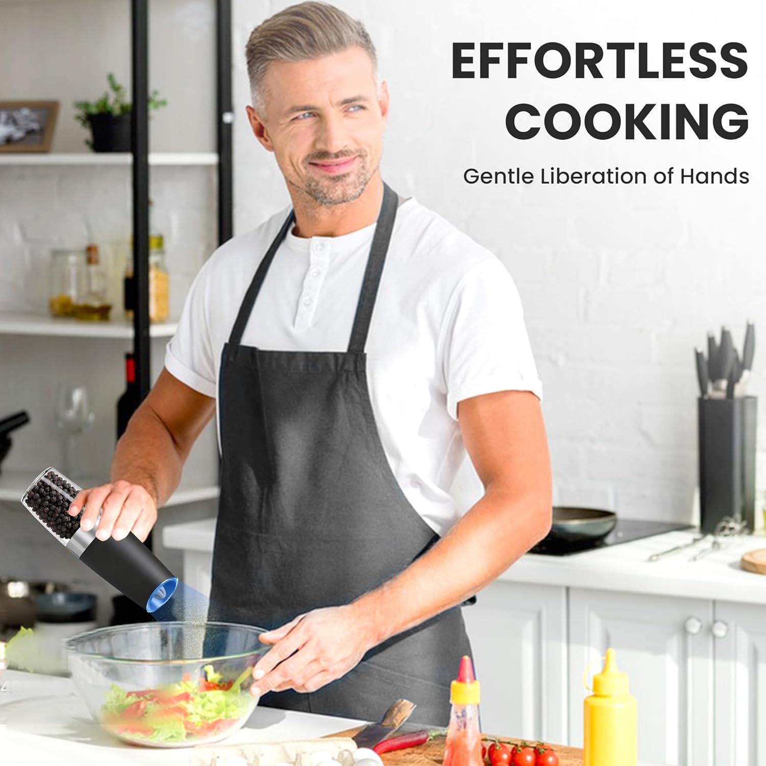 Gravity Electric Salt and Pepper Grinder set of 2, Automatic Salt And Pepper Grinder Set, Adjustable Roughness, Battery Powered, LED Light, 2 Pack, (Black)