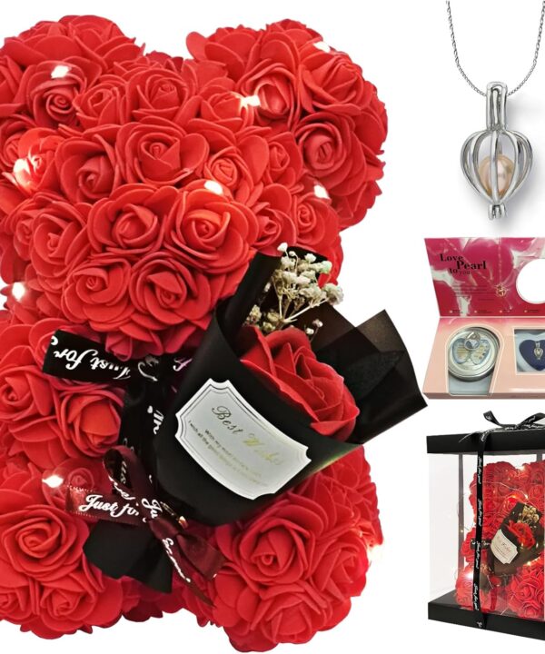 Romantic Valentine's Day Gift For Her Artificial Flower Rose Teddy Bear With Preserved Flowers Bouquet And Blind Box Pearl Necklace Birthday Gift For Wife Girlfriend Mom Women Mothers Day Home Decor