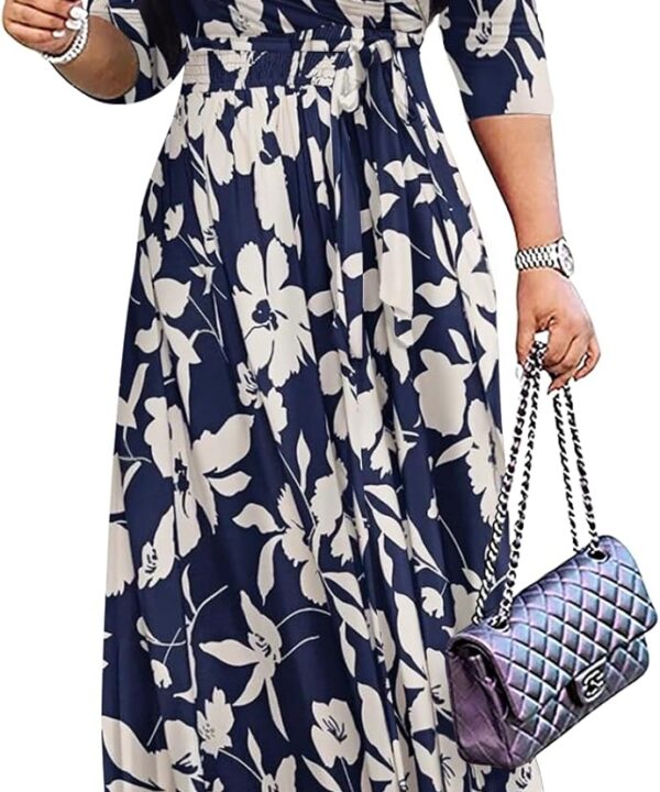 Yajedo Womens Casual Summer Maxi Dress Plus Size Sexy Warp V Neck 3/4 Sleeve Sundress with Poctets