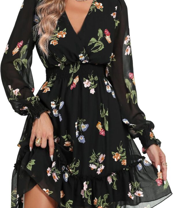 Prettywear Women's Floral Chiffon Long Sleeve Mini Dress Flowy A-Line Wrap Neck Tie Back Short Dress
