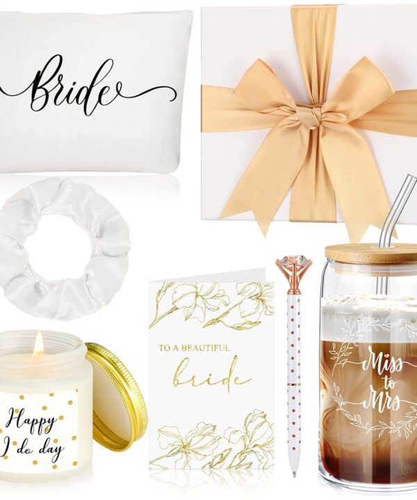 7 Pcs Bride Gifts Bridal Shower Gift Including Mrs Can Shaped Drinking Glass with Straw Bride Makeup Bag Crystal Pen Scented Candle Scrunchies Raffia Wedding Card Gift Box for Bridal Shower (White)
