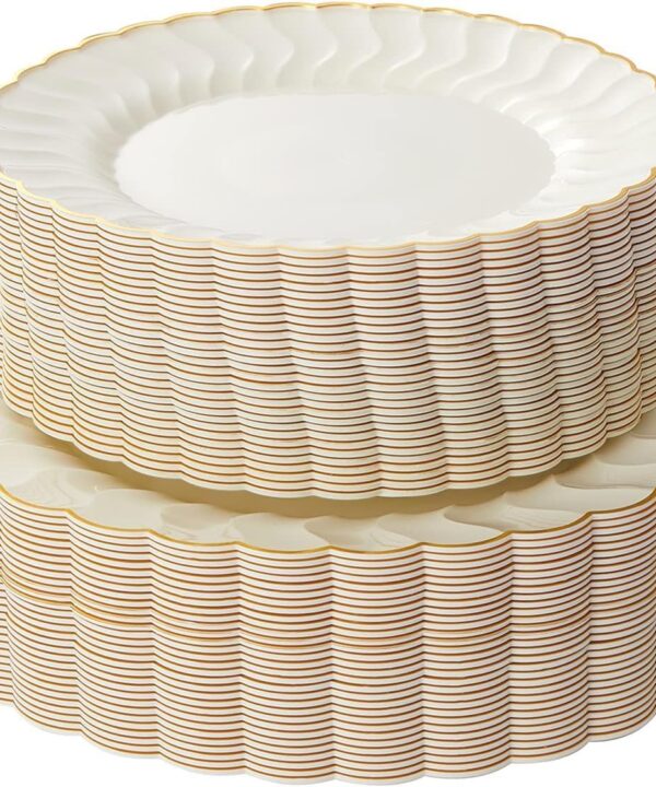 Lullaby 60PCS Ivory Scalloped Plastic Plates with Gold Rim, Disposable Elegant Plates Include 30pcs Dinner Plate 10.25", 30pcs Plastic Dessert Plate 7.5", Perfect for Wedding and Party