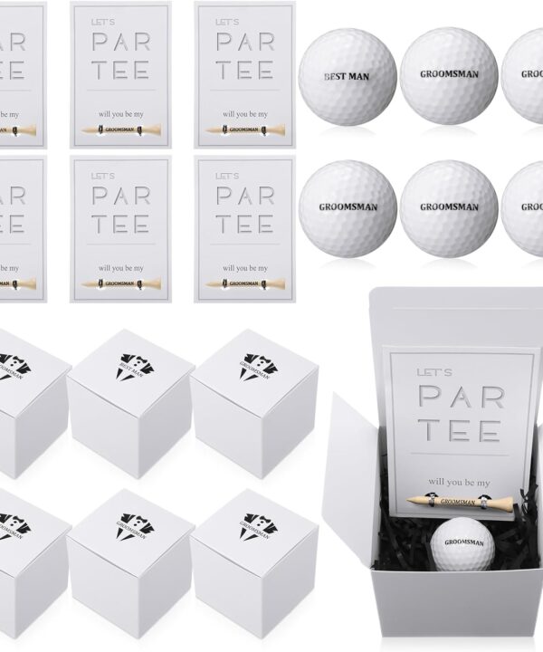 6 Sets Groomsman Proposal Gift Box With Golf Ball, Bamboo Tees, Invitation Cards - Accessories for Wedding, Best Men, DIY - Black, White