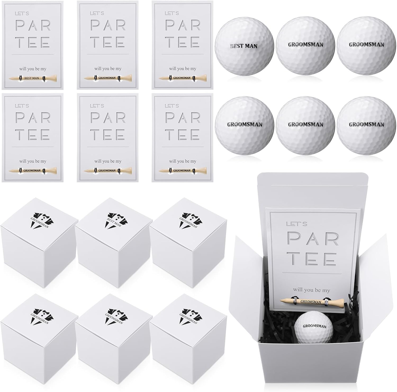 6 Sets Groomsman Proposal Gift Box With Golf Ball, Bamboo Tees, Invitation Cards - Accessories for Wedding, Best Men, DIY - Black, White