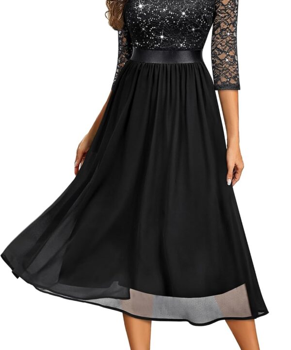 Miusol Women's Elegant V Neck Sequin Lace Sleeve Bridesmaid Party A-line Dress