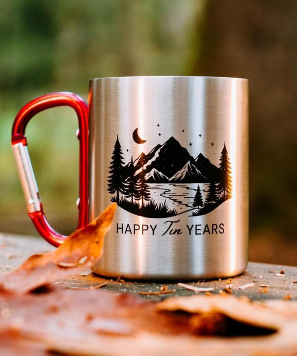 10 Year Anniversary Tin Gifts for Him  Tin Anniversary for Husband - 8-12oz Aluminum Mug with Carabiner Handle  10th Anniversary for Couple (Red 12oz)