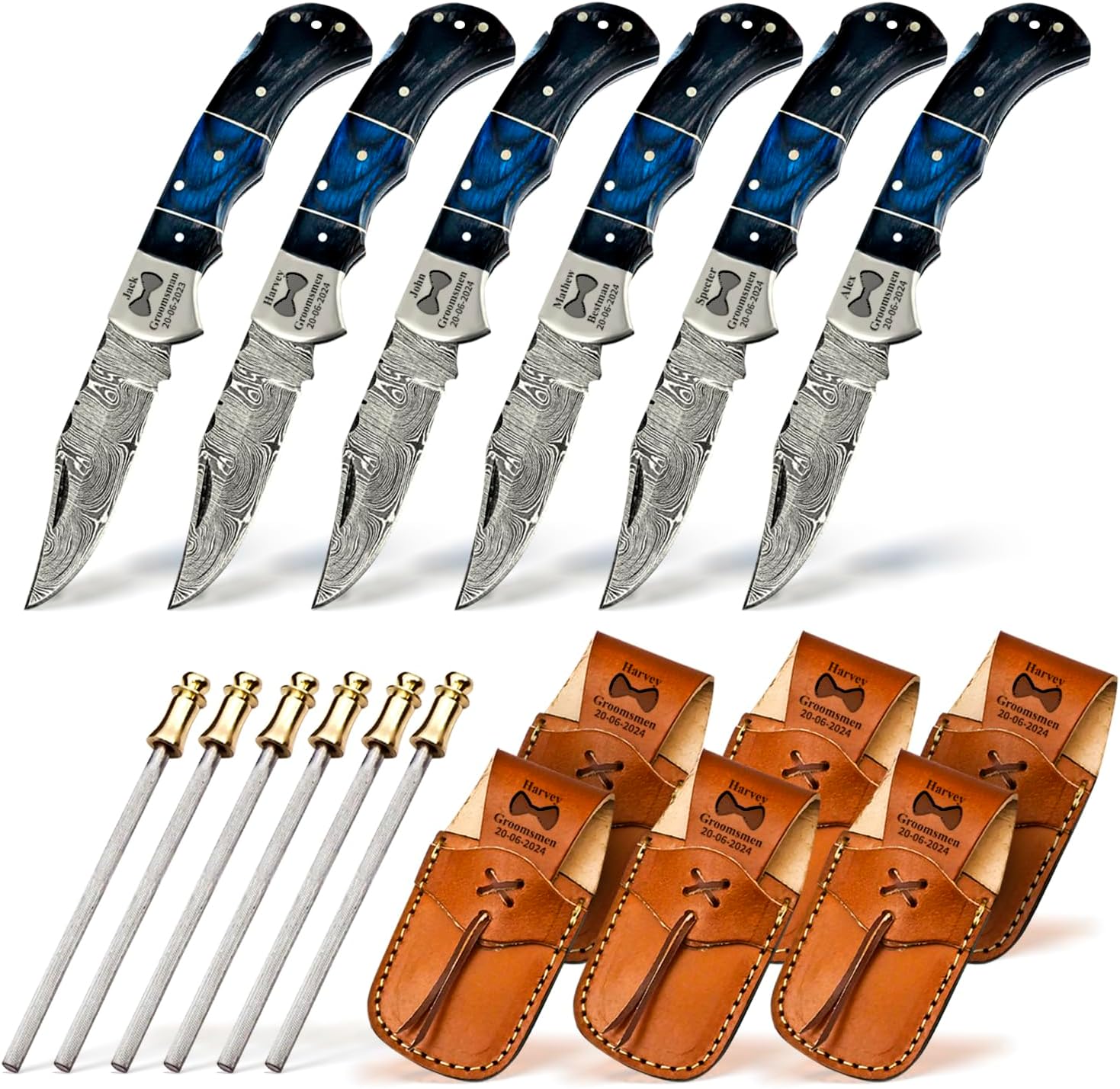 Set of 6 - Personalized Damascus Pocket Knife for Groomsmen -With Leather Sheaths - Custom Engraved Pocket Knives | Groomsman Gifts for Wedding, Groomsmen Proposal Gifts