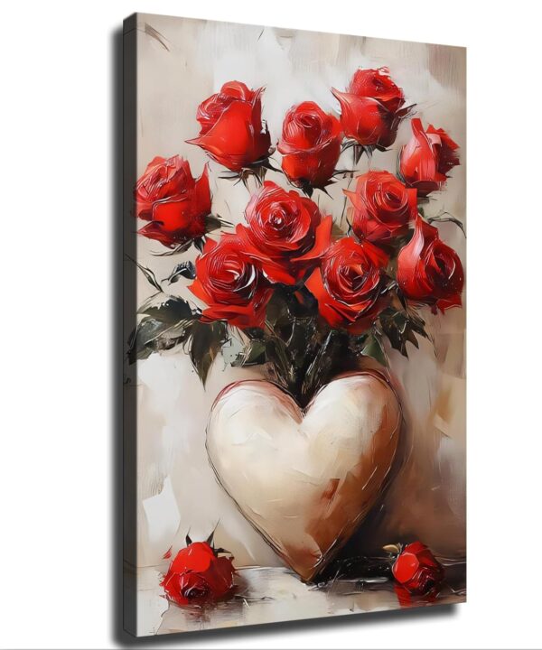 Red Roses for A Romantic Valentine's Day Rustic-style Flowers and A Heart-shaped Vase Vintage Style Poster Wall Art Canvas Print Picture Home Bedroom Decor Present Frameless and Framed (1218inch Framed)