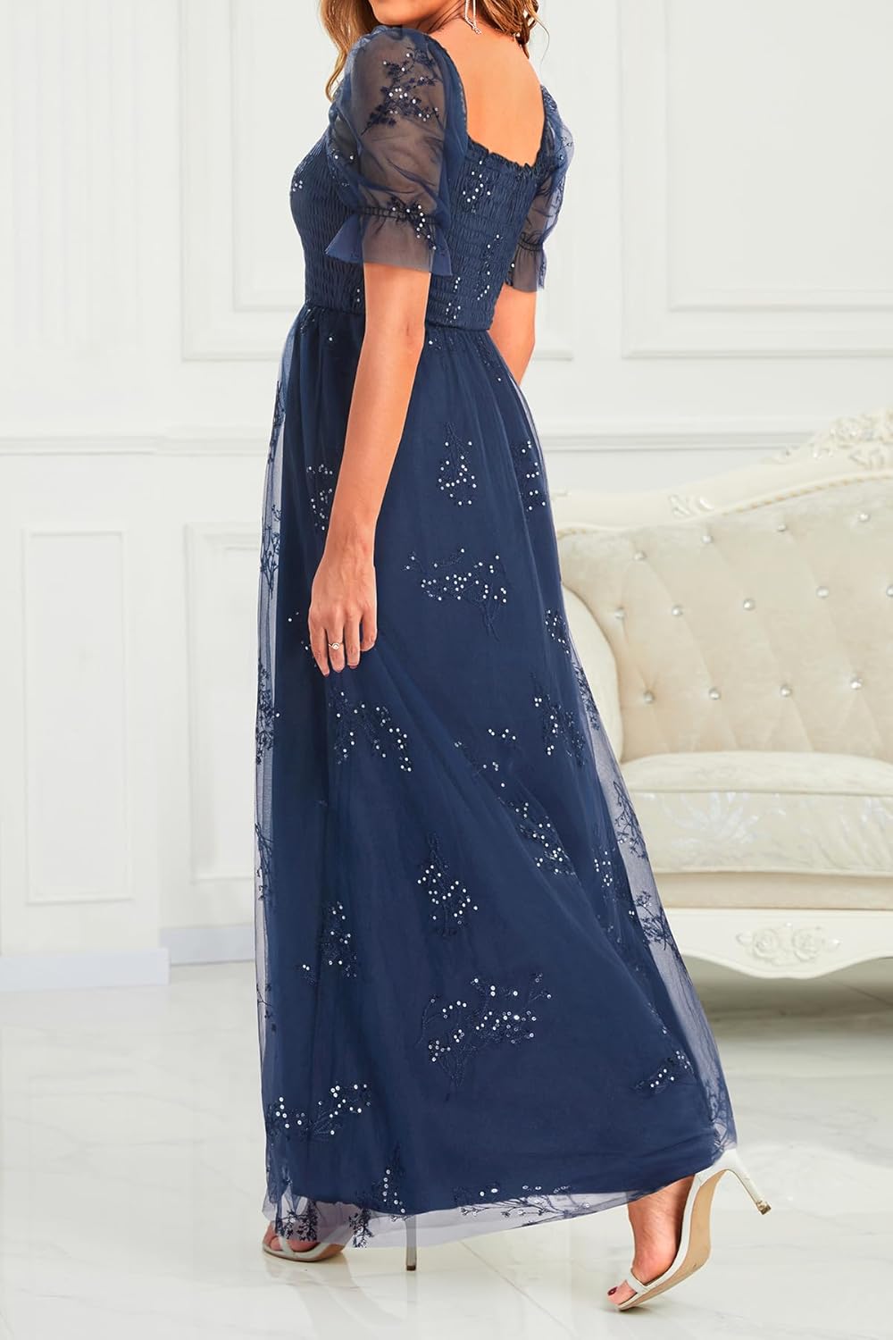 Plus Size Formal Dresses – Bridesmaid Leaf Embroidery with Sequin Tulle Prom Long Dress