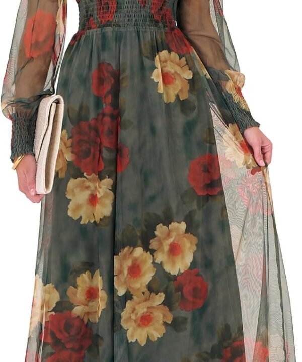 ANRABESS Women's Floral Maxi Dress 2025 Fall V Neck Puff Long Sleeve Flowy Casual Wedding Guest Tea Party Tulle Dresses